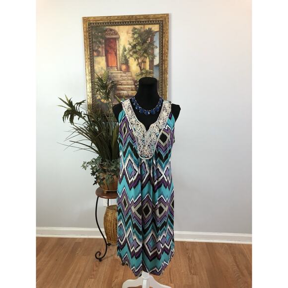 New Directions Women Shea Dress XL Boho Vacation Resort Wear Sleeveless Zip Back - Picture 1 of 8